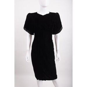 Vintage 80s Kwai Womens Dress Sz 4 Black Sheath Crushed Velvet Cocktail Evening